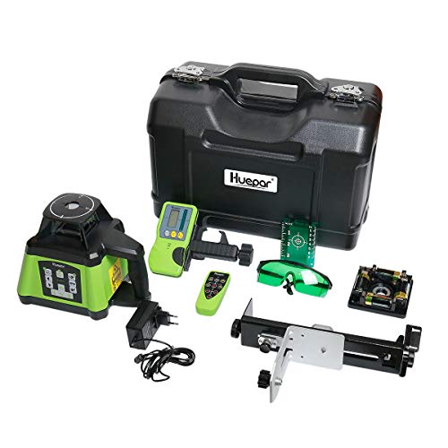 Huepar Electronic Self-Leveling Green Rotary Laser Level Kit -Horizontal&Vertical/Up & Down Plumb Dots -Dual Slope Rotating Laser Level Line with Green Beam, Remote Control, Receiver Included RL200HVG