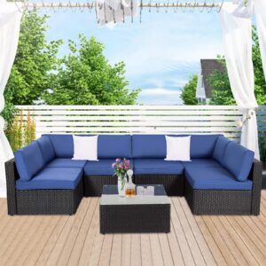 kinbor patio furniture - outdoor sectional sofa, 7 piece wicker outdoor couch rattan conversation set with thickened cushions and glass coffee table