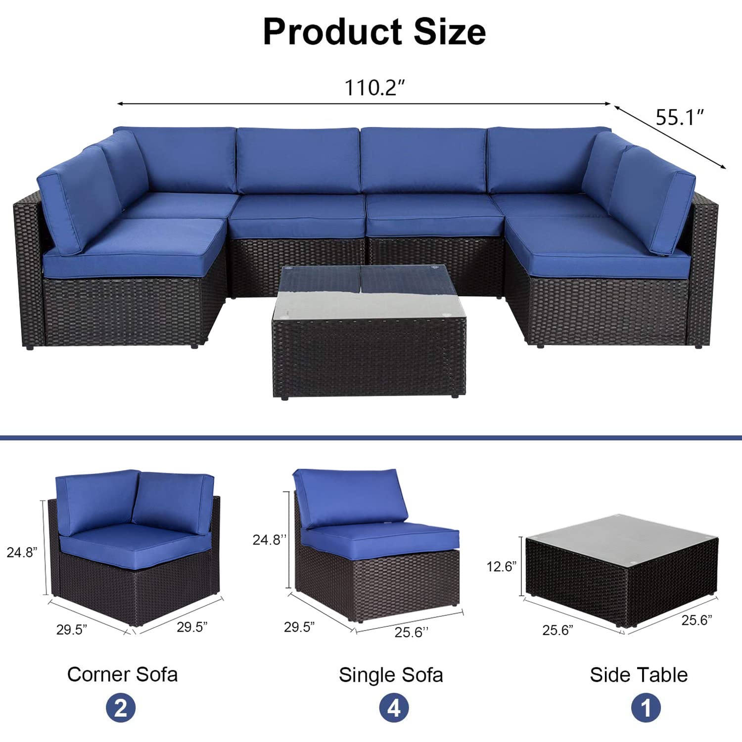 kinbor Patio Furniture - Outdoor Sectional Sofa, 7 Piece Wicker Outdoor Couch Rattan Conversation Set with Thickened Cushions and Glass Coffee Table