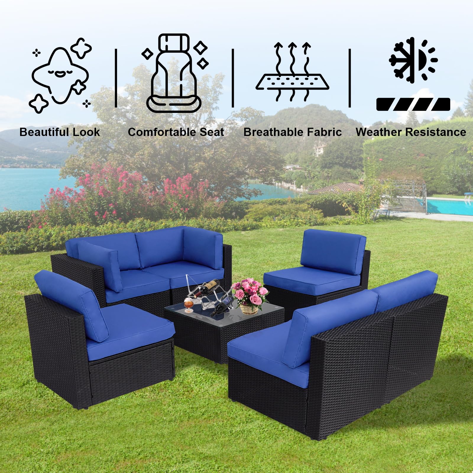 kinbor Patio Furniture - Outdoor Sectional Sofa, 7 Piece Wicker Outdoor Couch Rattan Conversation Set with Thickened Cushions and Glass Coffee Table
