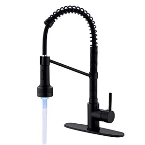 kemino matte black led kitchen faucet with pull down sprayer, lead-free solid brass spring kitchen sink faucet with led light commercial with deck plate (matte black)