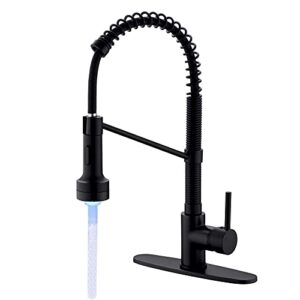 Kemino Matte Black LED Kitchen Faucet with Pull Down Sprayer, Lead-Free Solid Brass Spring Kitchen Sink Faucet with LED Light Commercial with Deck Plate (Matte Black)