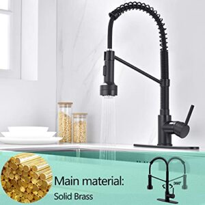 Kemino Matte Black LED Kitchen Faucet with Pull Down Sprayer, Lead-Free Solid Brass Spring Kitchen Sink Faucet with LED Light Commercial with Deck Plate (Matte Black)