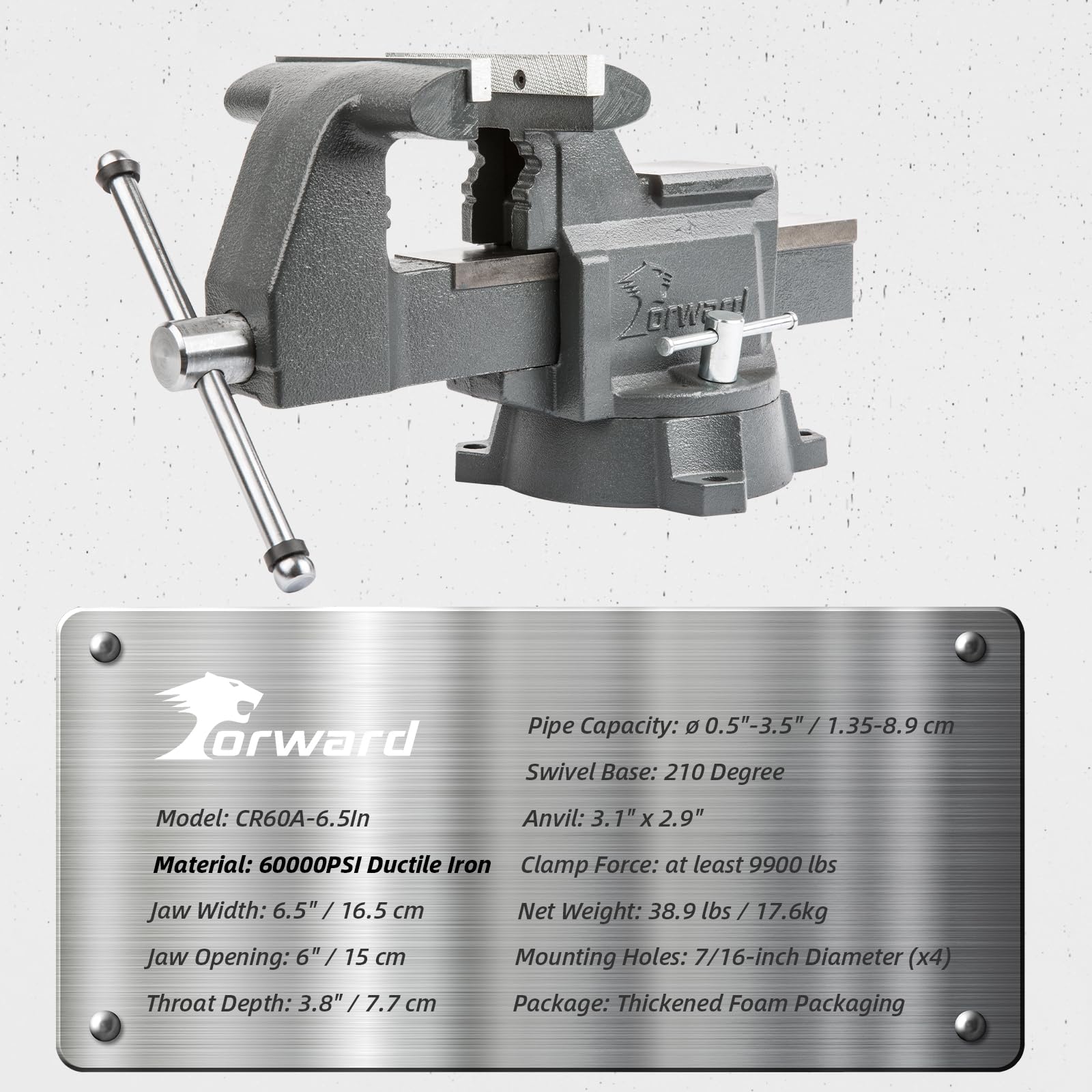 Forward CR60A 6.5-Inch Bench Vise Swivel Base Heavy Duty with Anvil (6 1/2") Gray