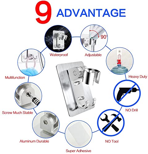 Strong Adhesive Shower Head Holder CACASO Adjustable Shower Wand Holder,Handheld Shower Head Wall Mount Bracket with 2 Hanger Hooks,Showerhead &Bidet Sprayer Bracket Better Than Suction Cups