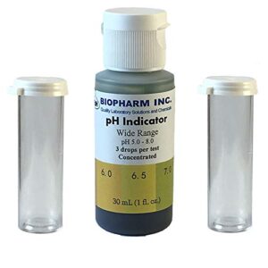 wide range ph indicator solution: 30 ml plus 2 empty capped sample vials — includes easy to read 0.5 ph increment color chart