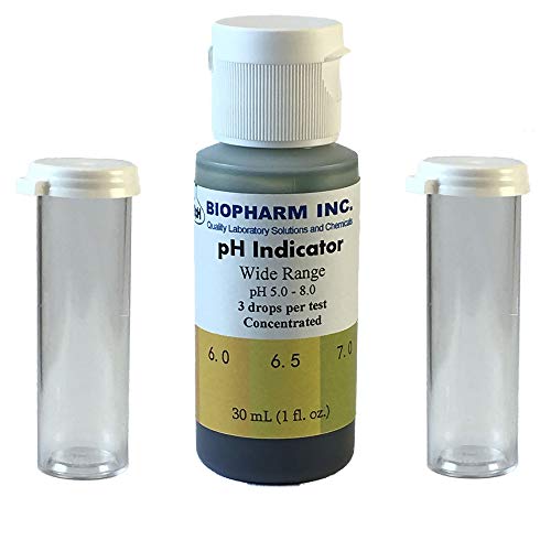 Wide Range pH Indicator Solution: 30 mL Plus 2 Empty Capped Sample Vials — Includes Easy to Read 0.5 pH Increment Color Chart