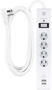 ge surge protector, 4 outlets 2 usb ports, extra long 8ft. power cord, white, 25798