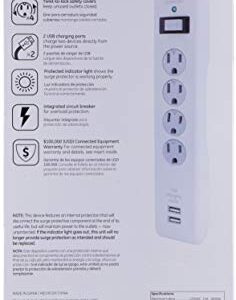 GE Surge Protector, 4 Outlets 2 USB Ports, Extra Long 8ft. Power Cord, White, 25798