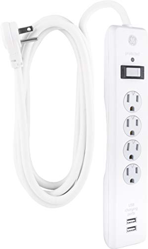 GE Surge Protector, 4 Outlets 2 USB Ports, Extra Long 8ft. Power Cord, White, 25798