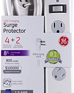 GE Surge Protector, 4 Outlets 2 USB Ports, Extra Long 8ft. Power Cord, White, 25798