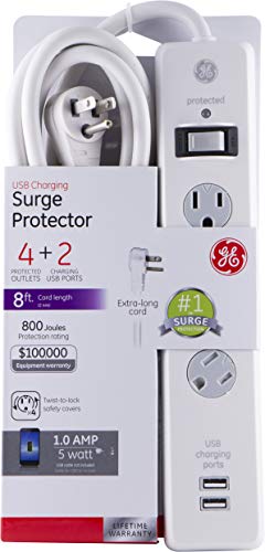 GE Surge Protector, 4 Outlets 2 USB Ports, Extra Long 8ft. Power Cord, White, 25798