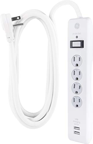 GE Surge Protector, 4 Outlets 2 USB Ports, Extra Long 8ft. Power Cord, White, 25798