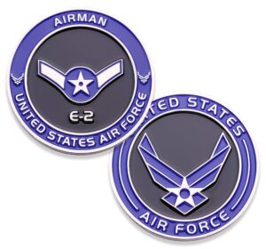 air force airman e2 challenge coin! united states air force airman rank military coin. e-2 airman usaf challenge coin! designed by military veterans - officially licensed product!