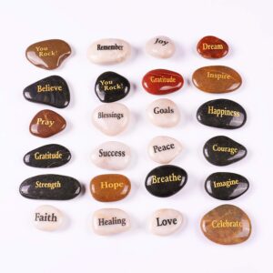 rockimpact 24pcs inspirational faith stones engraved natural river rocks healing stone different words (bulk lot, set of 24, 2”-3” each)