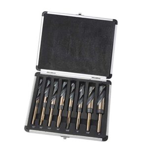8pc 1/2” shank silver and deming drill bit set in aluminum carry case, high speed steel (hss) | sae size 9/16” - 1” by 1/16th increment
