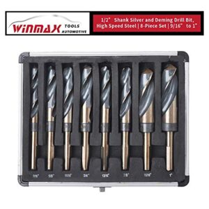 8pc 1/2” Shank Silver and Deming Drill Bit Set in Aluminum Carry Case, High Speed Steel (HSS) | SAE Size 9/16” - 1” by 1/16th Increment