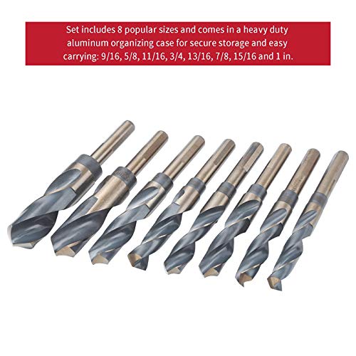 8pc 1/2” Shank Silver and Deming Drill Bit Set in Aluminum Carry Case, High Speed Steel (HSS) | SAE Size 9/16” - 1” by 1/16th Increment