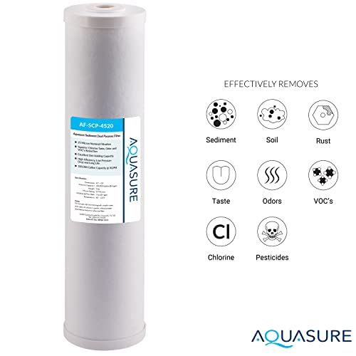 Aquasure Fortitude High Flow Whole House 25 Micron Sediment + Carbon Dual Purpose Water Treatment System - 20" x 4.5"