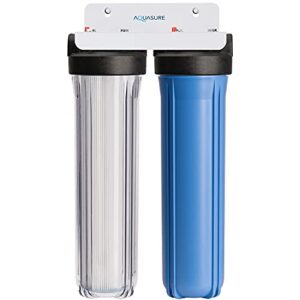 aquasure fortitude dual high flow whole house water filter with high capacity pleated sediment + 5 micron carbon block - 20" x 4.5"