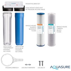 Aquasure Fortitude Dual High Flow Whole House Water Filter with High Capacity Pleated Sediment + 5 Micron Carbon Block - 20" x 4.5"