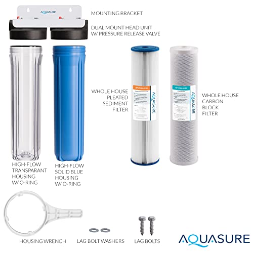 Aquasure Fortitude Dual High Flow Whole House Water Filter with High Capacity Pleated Sediment + 5 Micron Carbon Block - 20" x 4.5"