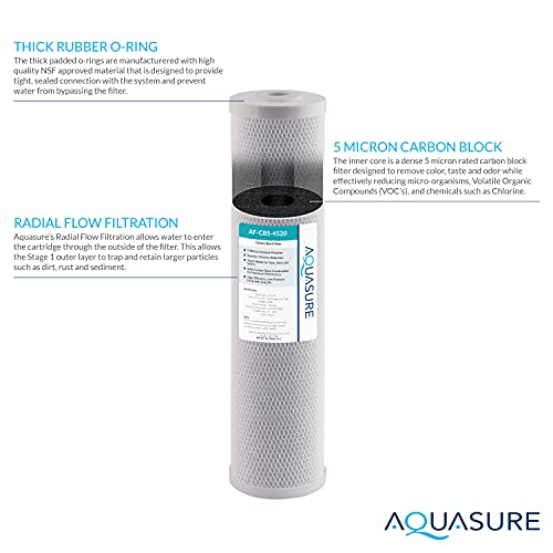 Aquasure Fortitude Dual High Flow Whole House Water Filter with High Capacity Pleated Sediment + 5 Micron Carbon Block - 20" x 4.5"