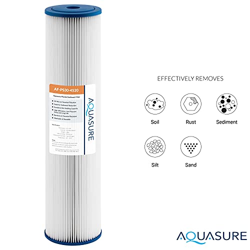 Aquasure Fortitude Dual High Flow Whole House Water Filter with High Capacity Pleated Sediment + 5 Micron Carbon Block - 20" x 4.5"