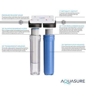 Aquasure Fortitude Dual High Flow Whole House Water Filter with High Capacity Pleated Sediment + 5 Micron Carbon Block - 20" x 4.5"