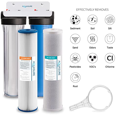 Aquasure Fortitude Dual High Flow Whole House Water Filter with High Capacity Pleated Sediment + 5 Micron Carbon Block - 20" x 4.5"