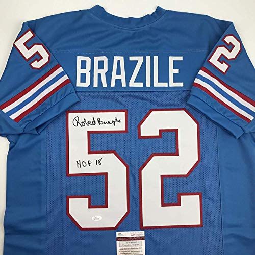 Autographed/Signed Robert Brazile"HOF 18" Houston Blue Football Jersey JSA COA