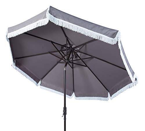 Safavieh PAT8008A Collection Milan Fringe Navy and White 9Ft Crank Outdoor Push Button Tilt Umbrella