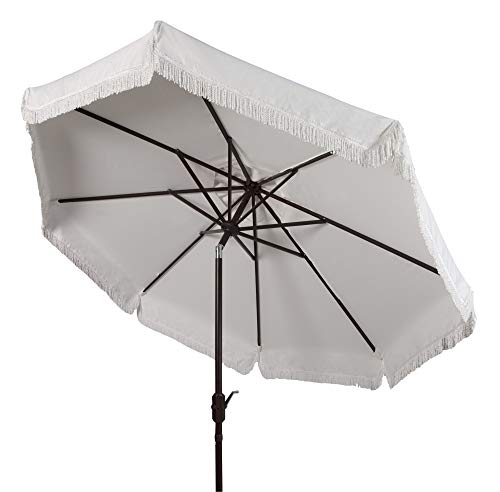 Safavieh PAT8008A Collection Milan Fringe Navy and White 9Ft Crank Outdoor Push Button Tilt Umbrella