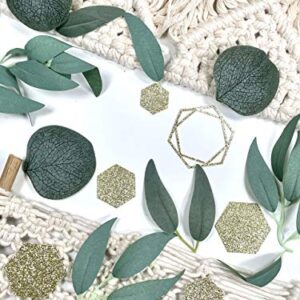 Greenery Baby Shower Decorations, Bridal Shower Table Decorations, Hexagon Confetti, Artificial Eucalyptus Leaves with Willow Leaves Confetti, Handmade