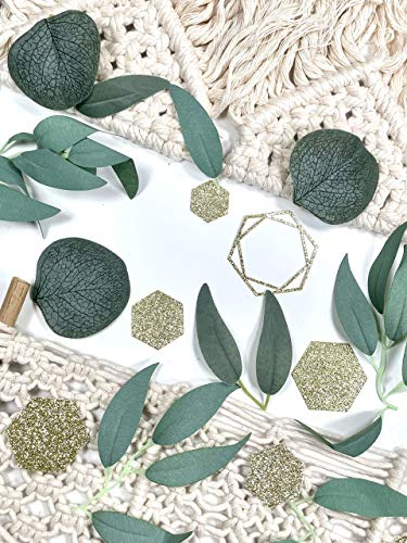 Greenery Baby Shower Decorations, Bridal Shower Table Decorations, Hexagon Confetti, Artificial Eucalyptus Leaves with Willow Leaves Confetti, Handmade