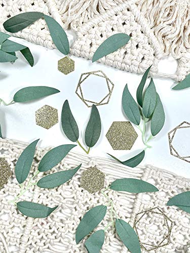 Greenery Baby Shower Decorations, Bridal Shower Table Decorations, Hexagon Confetti, Artificial Eucalyptus Leaves with Willow Leaves Confetti, Handmade