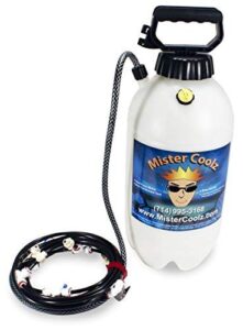 mister coolz outdoor mister 2 gallon, hand pump with carry bag. 1/4" outdoor mist cooling, water spray mist cooling, outdoor cooling system for pets, gardens, patios, parks, backyard cooling
