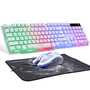 led backlit wired keyboard and mouse gaming combo mechanical feeling rainbow backlight emitting character 3200dpi adjustable usb mice compatible with pc raspberry pi imac tdw910(white)