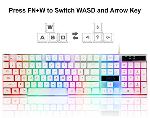 LED Backlit Wired Keyboard and Mouse Gaming Combo Mechanical Feeling Rainbow Backlight Emitting Character 3200DPI Adjustable USB Mice Compatible with PC Raspberry Pi iMac TDW910(White)