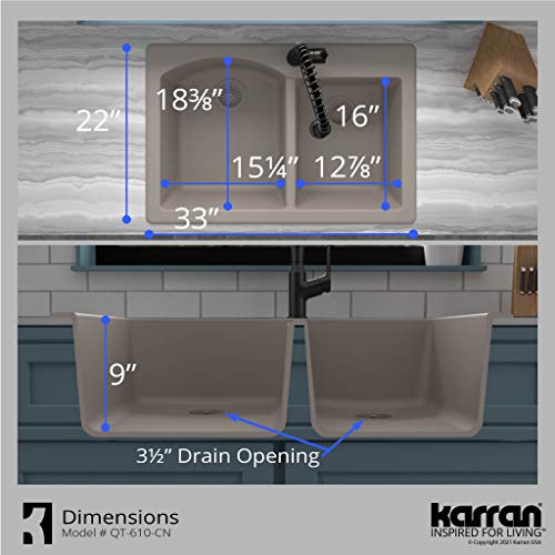 Karran QT-610 Drop-In Quartz Composite 33 in. 1-Hole 60/40 Double Bowl Kitchen Sink in Concrete