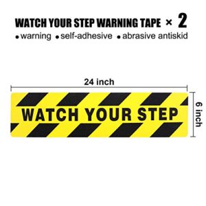 Watch Your Step Floor Decals Stickers 6 x 24 Inch Warning Sticker Adhesive Tape Anti Slip Abrasive Tape for Workplace Safety Wet Floor Caution (2 Pieces)