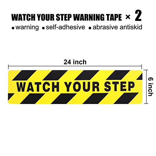 Watch Your Step Floor Decals Stickers 6 x 24 Inch Warning Sticker Adhesive Tape Anti Slip Abrasive Tape for Workplace Safety Wet Floor Caution (2 Pieces)