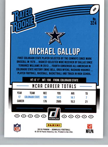 2018 Donruss Football #324 Michael Gallup RC Rookie Card Dallas Cowboys Rated Rookie Official NFL Trading Card