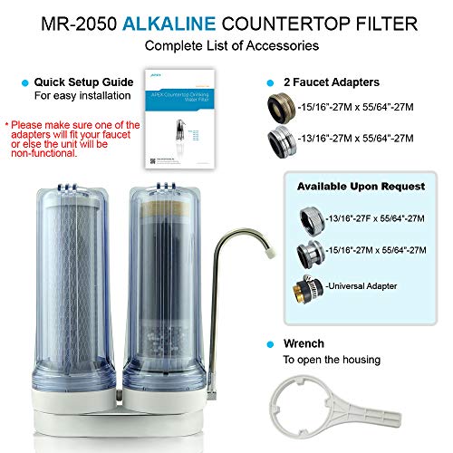 APEX EXPRT MR-2050 Dual Countertop Water Filter, Carbon and Mineral pH Alkaline Water Filter, Easy Install Faucet Water Filter - Reduces Heavy Metals, Bad Taste and Up to 99% of Chlorine - Clear