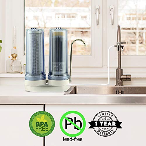 APEX EXPRT MR-2050 Dual Countertop Water Filter, Carbon and Mineral pH Alkaline Water Filter, Easy Install Faucet Water Filter - Reduces Heavy Metals, Bad Taste and Up to 99% of Chlorine - Clear