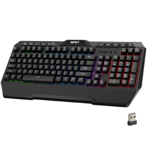 npet k32 wireless gaming keyboard rgb with wrist rest - long-lasting rechargeable battery - quick and quiet typing - water resistant backlit wireless keyboard for pc ps5 ps4 xbox one mac - black