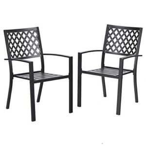 phi villa patio dining stackable chairs, outdoor wrought iron furniture set bistro chairs with armrest,black (fishnet pattern, 2 set)
