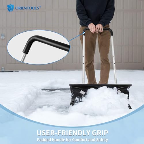 ORIENTOOLS Snow Shovel with Wheels, 26" Wide Blade with 6" Wheels and Adjustable Handle Efficient Snow Plow Shovel Snow Clean Tool for Driveway or Pavement