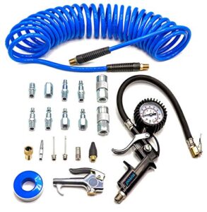 yotoo heavy duty air compressor accessories kit 20 pieces with 1/4 inch x 25 feet polyurethane air compressor hose, 100 psi tire inflator gauge, air blow gun and air hose fittings