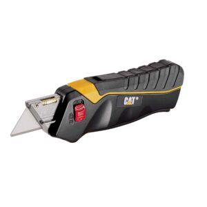 cat safety utility knife box cutter self-retracting blade, squeeze handle to extend blade, release to retract, lock blade open w/switch, ergo handle w/ 3 safety-tip blades that store inside - 240071